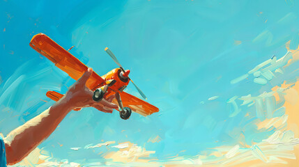Obraz premium An illustration of a hand launching an orange biplane into a blue sky, artistic style, representing the concept of freedom and imagination. Generative AI