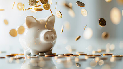 A piggy bank with coins falling around it on a blurred background, illustrating a savings concept. Generative AI