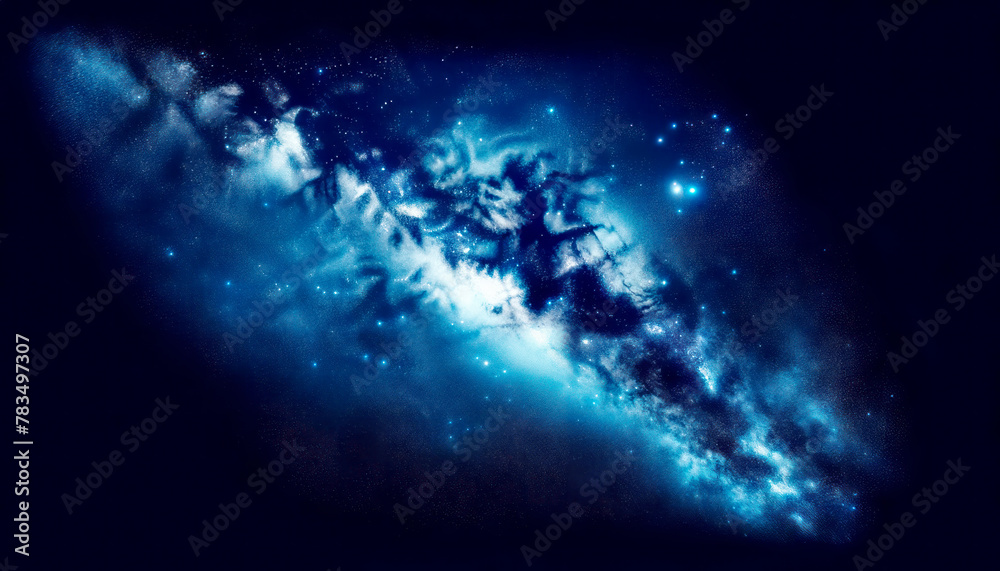 Poster a nebula with stars in deep space depicted in dark blue tones, set against a black background, evoki
