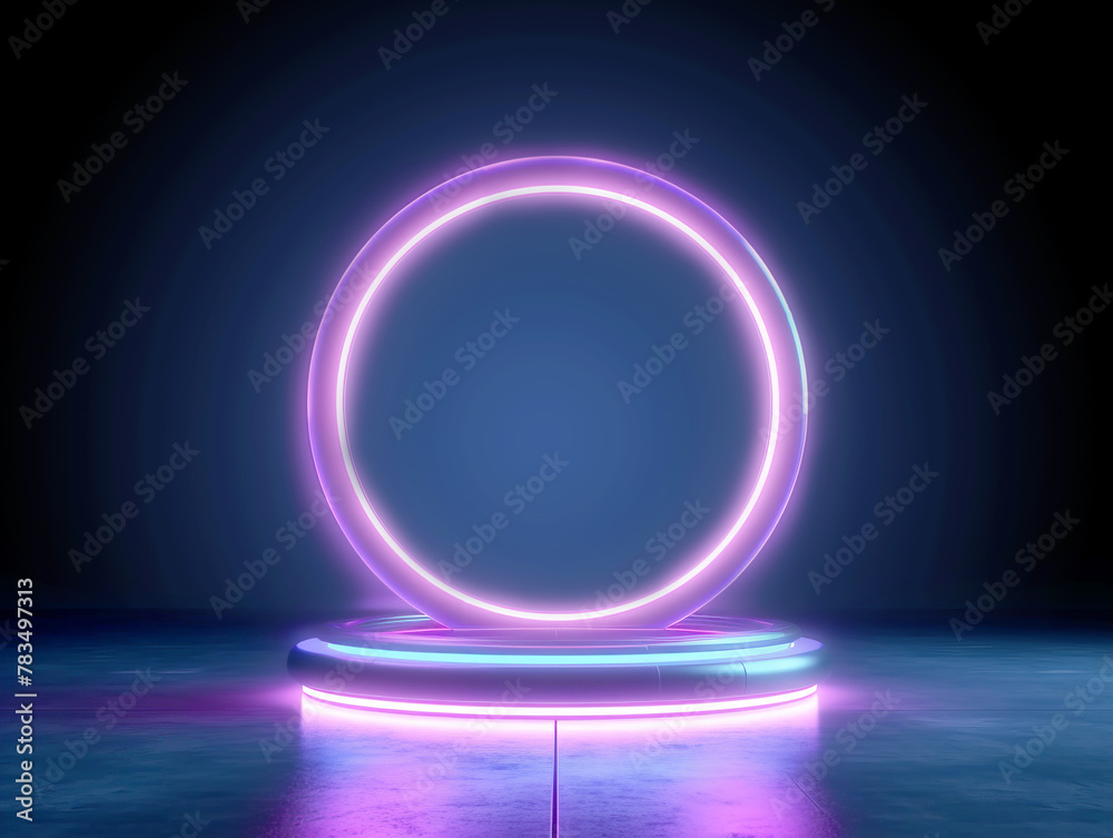 Poster a neon-lit circular platform on a dark background, suitable for product showcasing with a futuristic