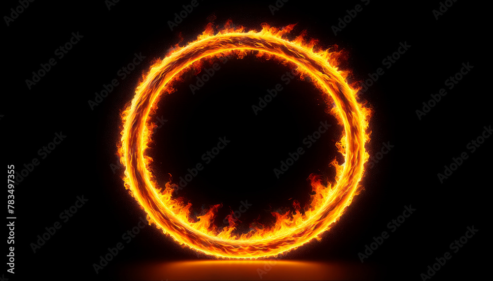 Poster a fiery ring with intense flames on a dark background, symbolizing energy or a portal concept. gener