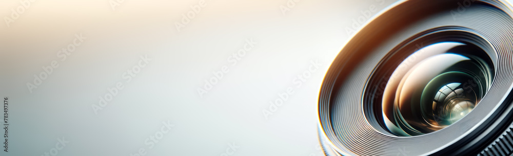 Poster close-up of a camera lens with a detailed design on a blurred background, showcasing photography tec