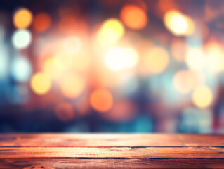 An empty wooden table surface with a blurred lights background, suitable for product display and branding. Generative AI