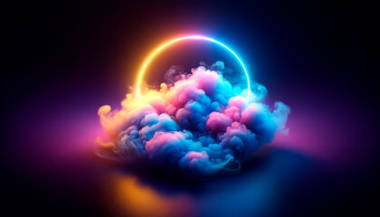 Colorful neon smoke clouds with a glowing arc on a dark background, concept of creativity. Generative AI