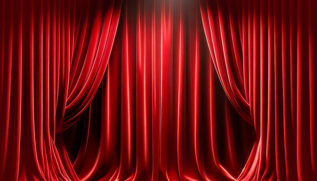 Luxurious red theater curtains displayed on a plain background, ideal for presentation or branding concepts. Generative AI