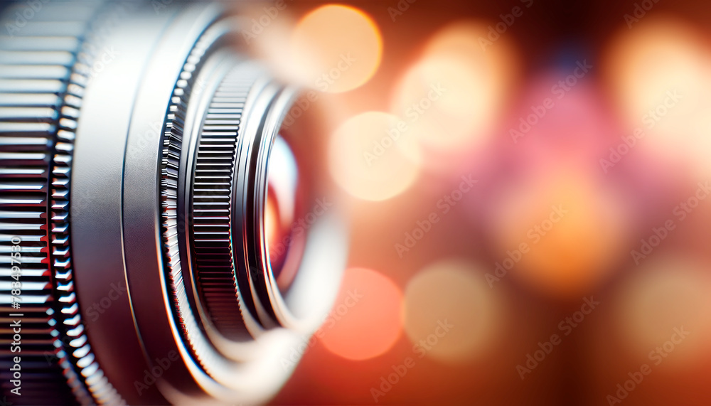 Poster Close-up of a camera lens with a bokeh light background, focusing on photography and technology. Generative AI