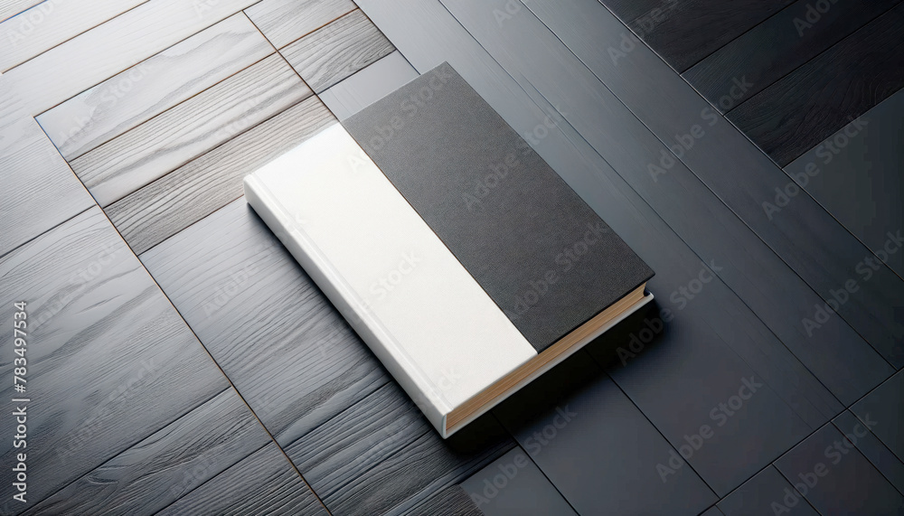 Aufkleber a book with a black and white cover on a wooden background, ideal for branding and presentation mock