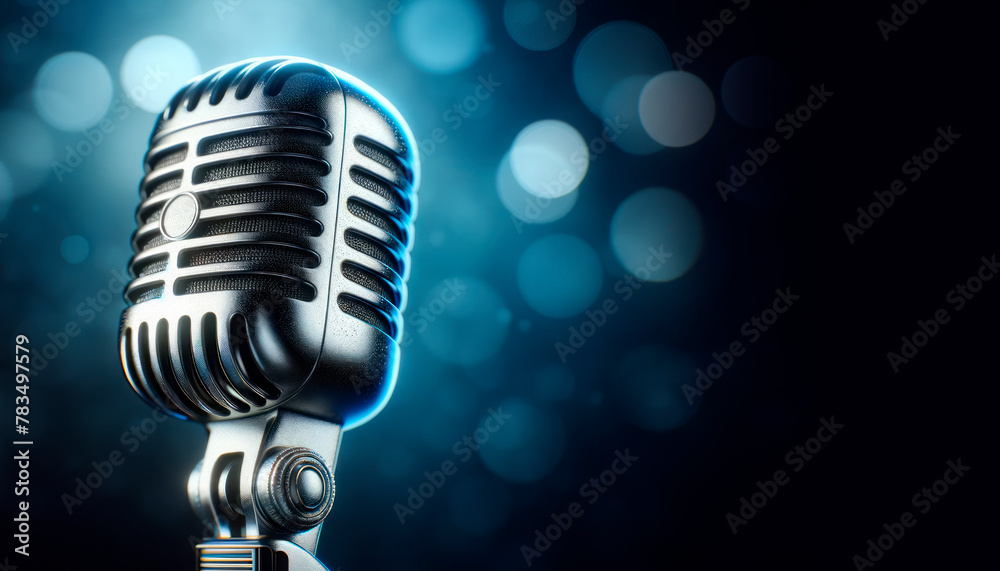 Poster close-up of a vintage microphone with a bokeh light background, concept of music, sound recording or