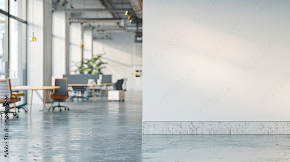 Poster modern office space with desks and chairs on the left, blank white wall for mockups on the right. ge