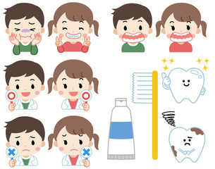 デンタルケアと子供と歯のイラストアイコンセット