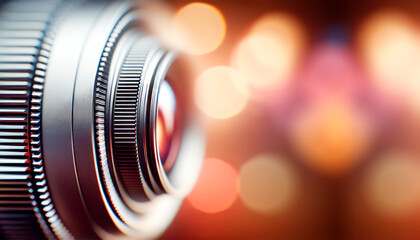 Fototapeta na wymiar Close-up of a camera lens with a bokeh light background, focusing on photography and technology. Generative AI