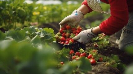 Woman picking fresh ripe strawberries in garden on sunny day, closeup