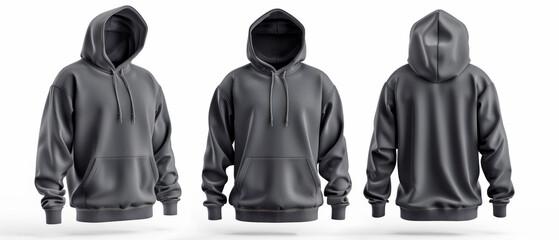 Three black hoodies on a clean white background, modern design, concept of product presentation and branding mockups. Generative AI
