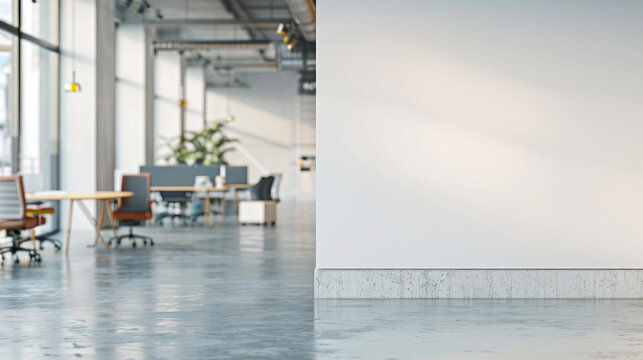 Modern office space with desks and chairs on the left, blank white wall for mockups on the right. Generative AI