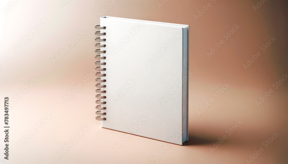 Poster closed spiral notebook standing upright on a tan background, perfect for branding presentation. gene