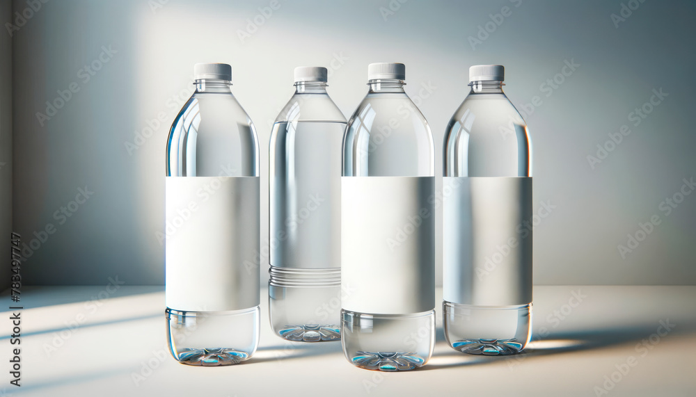 Poster transparent water bottles with blank labels on a clean background, concept of product branding mocku