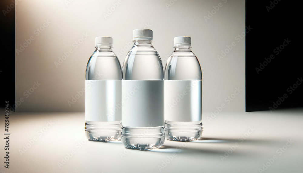 Poster Three clear water bottles with blank labels on a white and dark gradient background, ideal for branding mockups. Generative AI