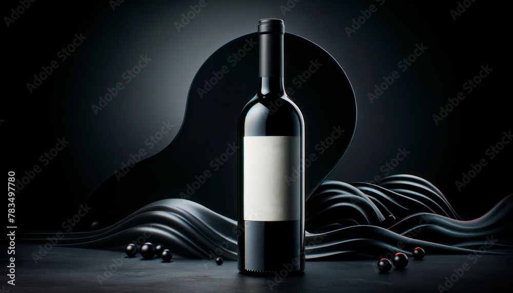 Poster an elegant wine bottle with a blank label, surrounded by a wavy fabric and beads, set against a dark