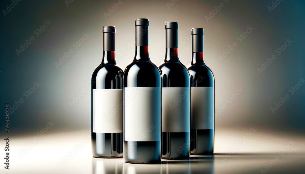 Fototapete Three wine bottles with blank labels on a reflective surface against a soft gradient background, ideal for branding presentation. Generative AI