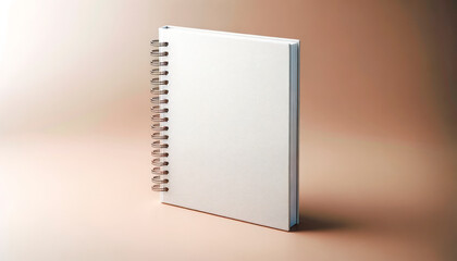 Closed spiral notebook standing upright on a tan background, perfect for branding presentation. Generative AI