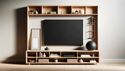 A blank black TV screen on a wooden shelf with decorative items against a neutral wall, ideal for product mockups. Generative AI