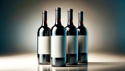 Three wine bottles with blank labels on a reflective surface against a soft gradient background, ideal for branding presentation. Generative AI