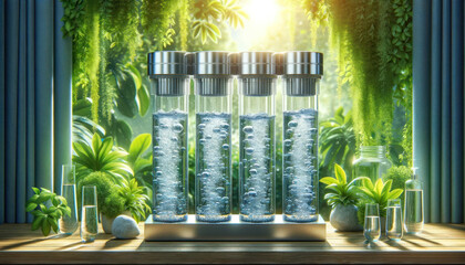 modern water filtration system with transparent cylinders filled with bubbling water.