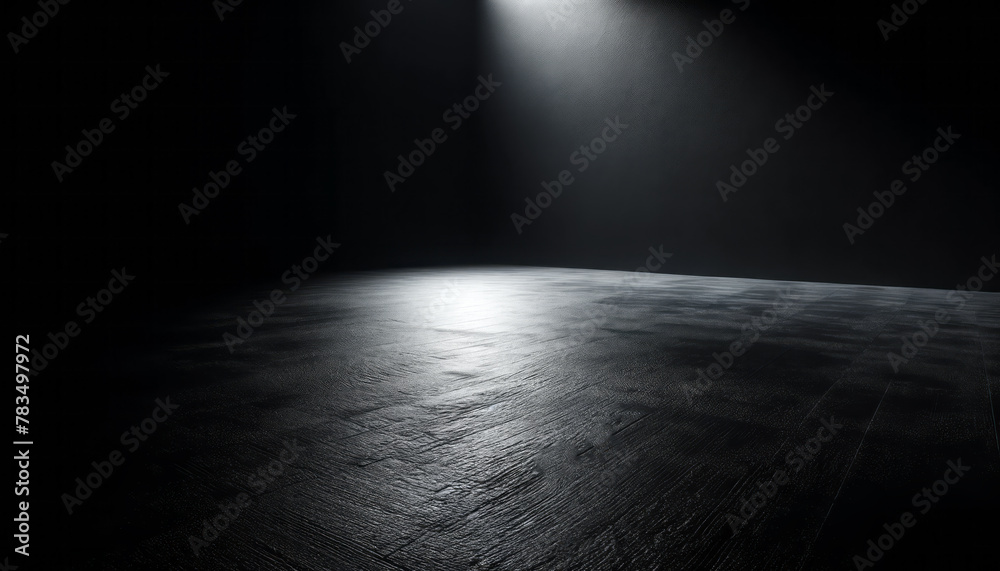 Poster an empty dark room with a spotlight on the textured floor, ideal for product presentation on a black