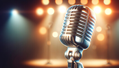 A retro-style microphone against a blurred background with bokeh lights, conveying a concept of...