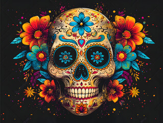 A skull is adorned with flowers, including red and orange roses and blue and green foliage. The background is black.