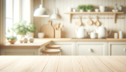 Blurred kitchen interior with empty wooden table foreground, suitable for product display or...