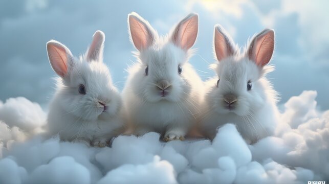 three fluffy white cute bunnies on the podium atmospheric clouds background dreamy image