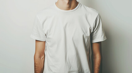 Close-up of a person in a blank white t-shirt for branding mockups, with a plain background, showcasing space for logo or design. Generative AI - 783498321