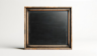 An empty black chalkboard inside a wooden frame on a white background, concept of advertising space. Generative AI