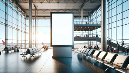An empty advertising billboard in an airport terminal with passengers, on a glass and metal background, concept of travel advertising. Generative AI