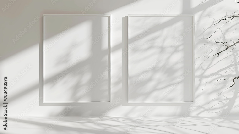 Poster two blank white framed posters on a wall with shadows of tree branches, modern minimalist background