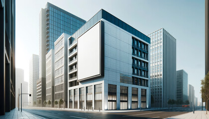 Fototapeta premium A blank billboard on a modern building exterior, perfect for advertising mock-ups, against an urban background. Generative AI