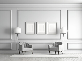 An elegant interior with three framed posters, two armchairs, and floor lamps on a classic paneled wall, modern digital mockup. Generative AI