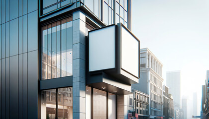 Blank advertising billboards on a modern building facade, with a cityscape in the background, concept of outdoor advertising space. Generative AI