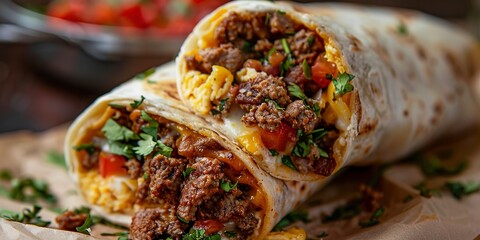 Breakfast burrito, cut in half, filling visible, close-up, warm light, savory detail  - obrazy, fototapety, plakaty