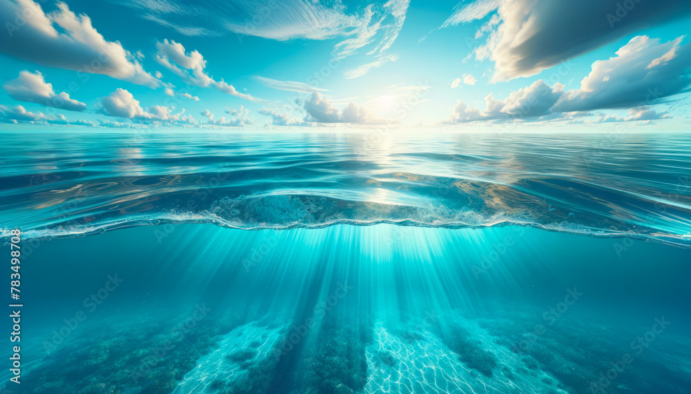 Poster split view of tranquil ocean surface and vibrant underwater coral reef. harmony concept. generative 