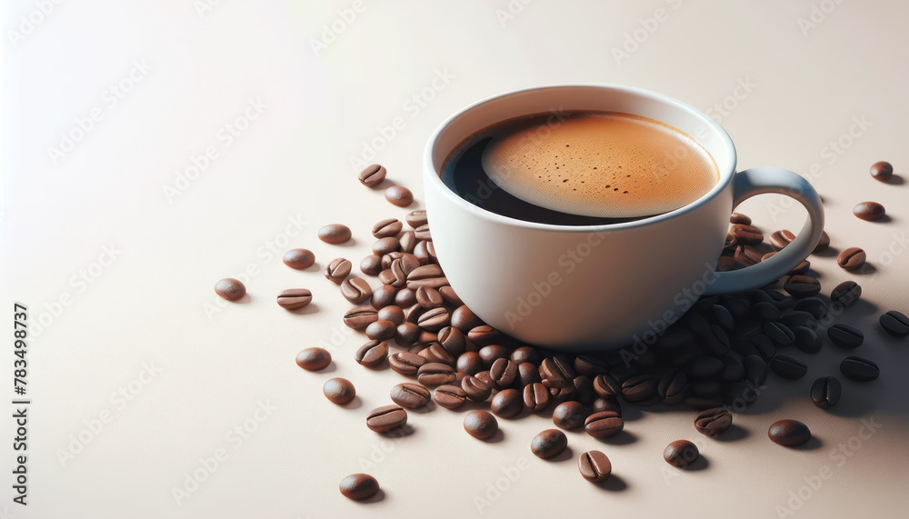 Poster Full espresso cup with foam on beige surface with scattered coffee beans. Smooth gradient. Generative AI
