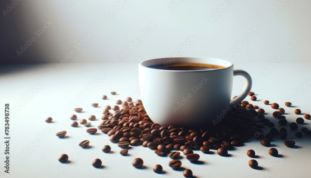 Poster white mug with aromatic coffee on gradient background, focus on beans. high-key lighting. generative