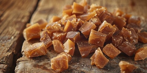 Toffee pieces, golden brown, close shot, rich detail, soft light, rustic wood backdrop