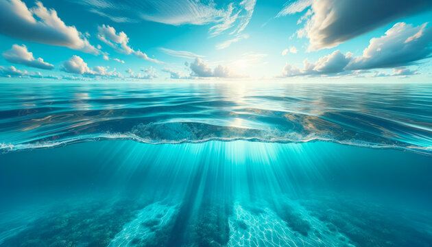 Split view of tranquil ocean surface and vibrant underwater coral reef. Harmony concept. Generative AI