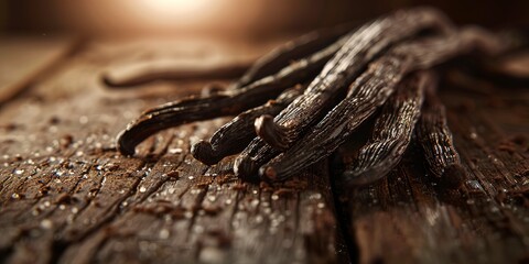 Whole vanilla beans on dark wood, soft backlight, rich brown tones, close-up, high detail