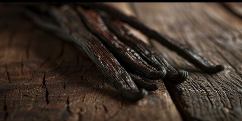 Whole vanilla beans on dark wood, soft backlight, rich brown tones, close-up, high detail 