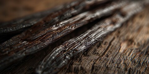 Whole vanilla beans on dark wood, soft backlight, rich brown tones, close-up, high detail  - obrazy, fototapety, plakaty