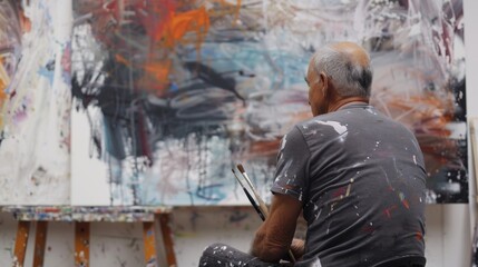 An artist sitting in front of a large blank canvas their eyes closed in deep concentration as they envision their next brushstroke showcasing the intense focus and passion they bring .