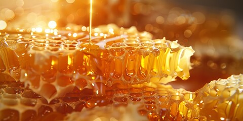 Raw honeycomb piece, golden syrup dripping, close view, warm light, rich texture